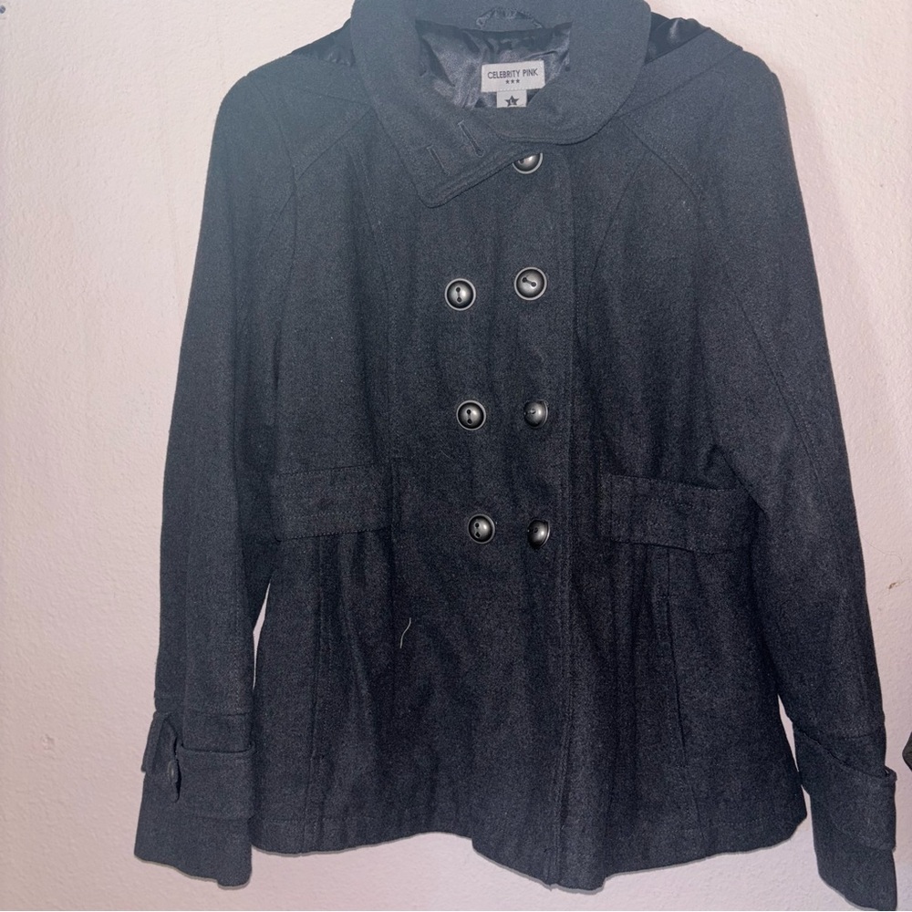 Celebrity Pink Black Double-Breasted Pea Coat with Hood